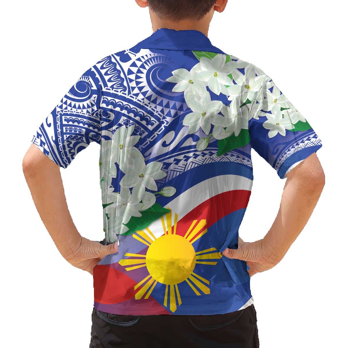Philippines Flag Family Matching Off The Shoulder Long Sleeve Dress and Hawaiian Shirt Sampaguita Jasmine with Polynesian Tribal - Wonder Print Shop
