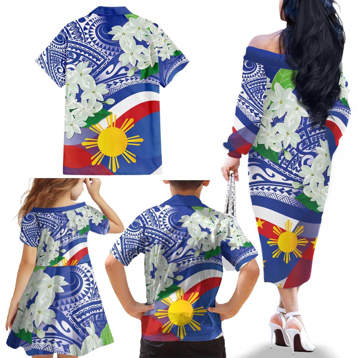 Philippines Flag Family Matching Off The Shoulder Long Sleeve Dress and Hawaiian Shirt Sampaguita Jasmine with Polynesian Tribal - Wonder Print Shop