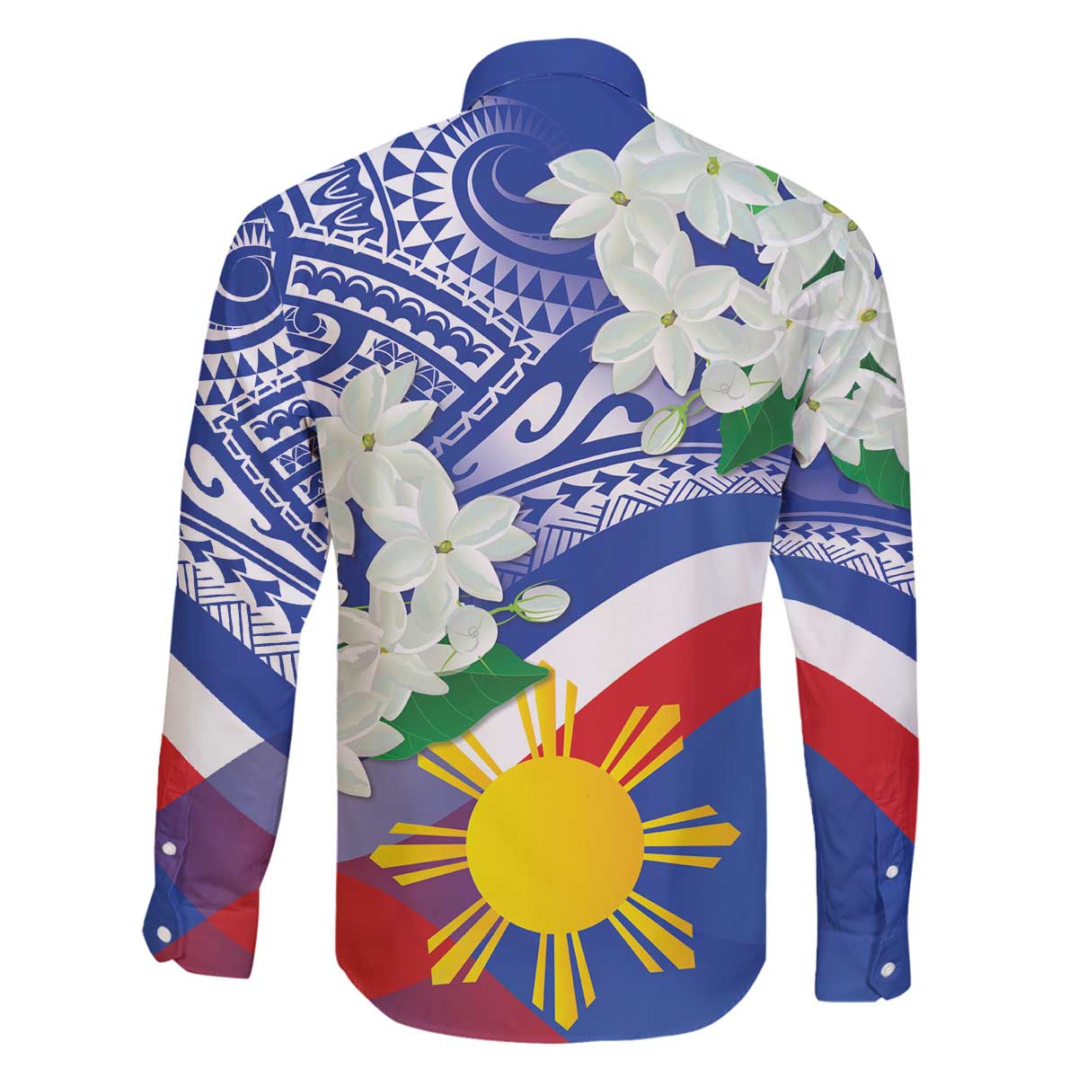 Philippines Flag Family Matching Off The Shoulder Long Sleeve Dress and Hawaiian Shirt Sampaguita Jasmine with Polynesian Tribal - Wonder Print Shop