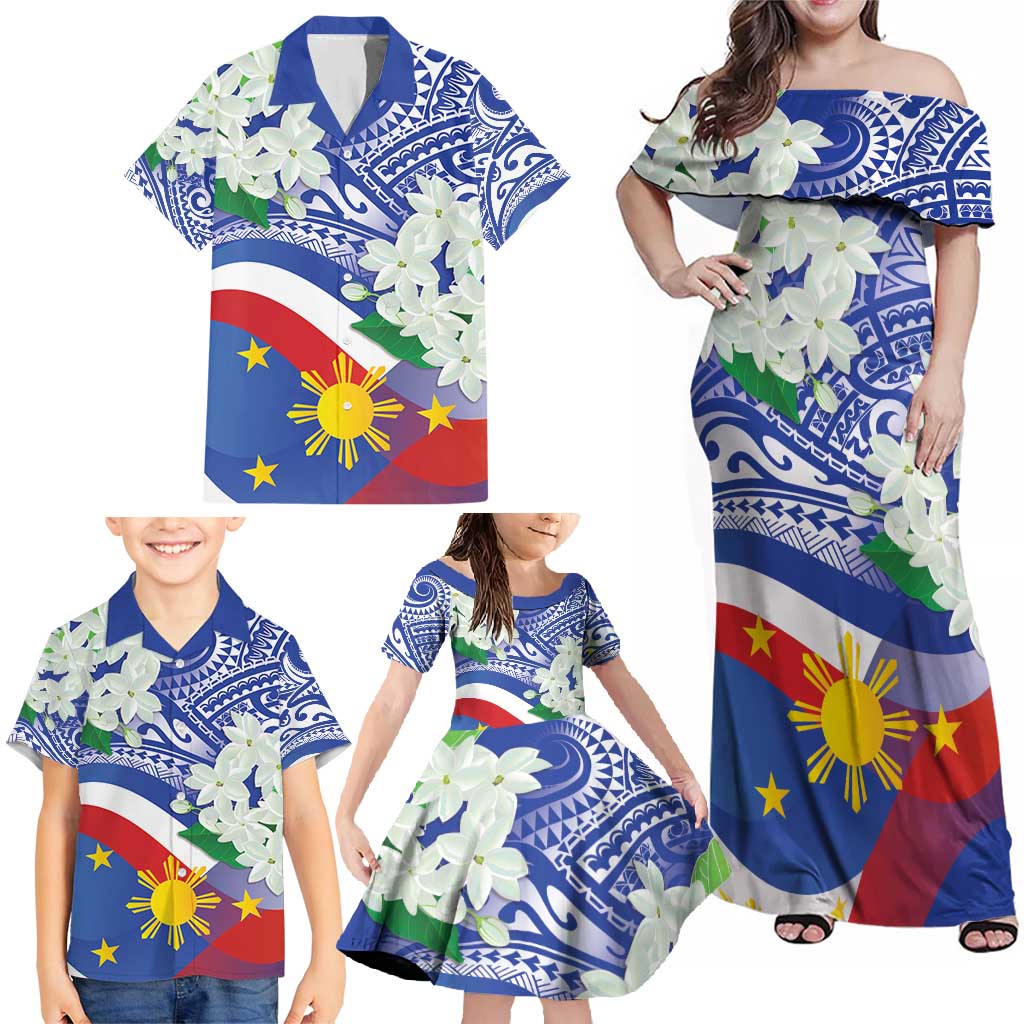 Philippines Flag Family Matching Off Shoulder Maxi Dress and Hawaiian Shirt Sampaguita Jasmine with Polynesian Tribal LT9 - Wonder Print Shop