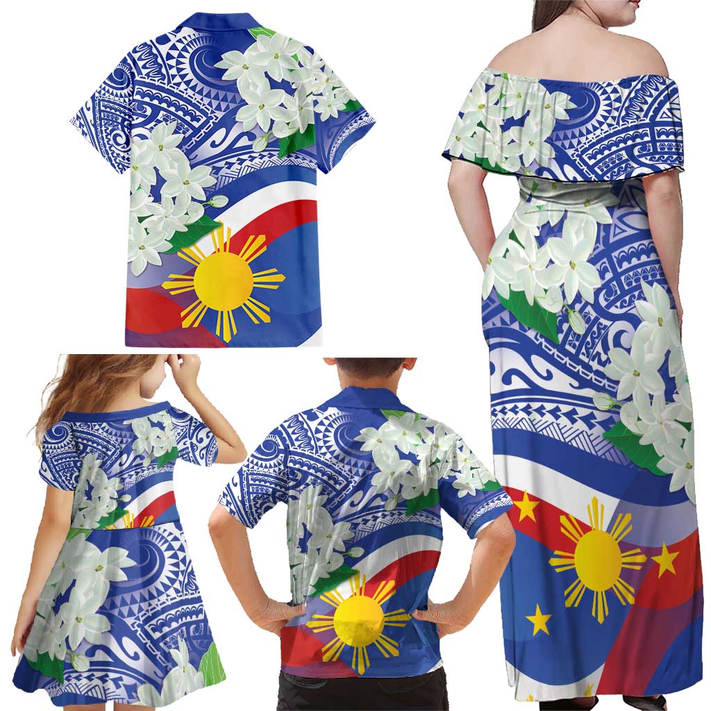 Philippines Flag Family Matching Off Shoulder Maxi Dress and Hawaiian Shirt Sampaguita Jasmine with Polynesian Tribal LT9 - Wonder Print Shop