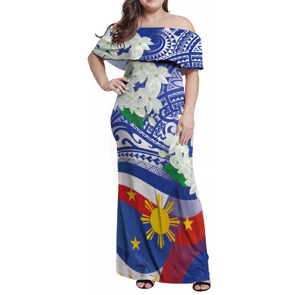 Philippines Flag Family Matching Off Shoulder Maxi Dress and Hawaiian Shirt Sampaguita Jasmine with Polynesian Tribal LT9 - Wonder Print Shop