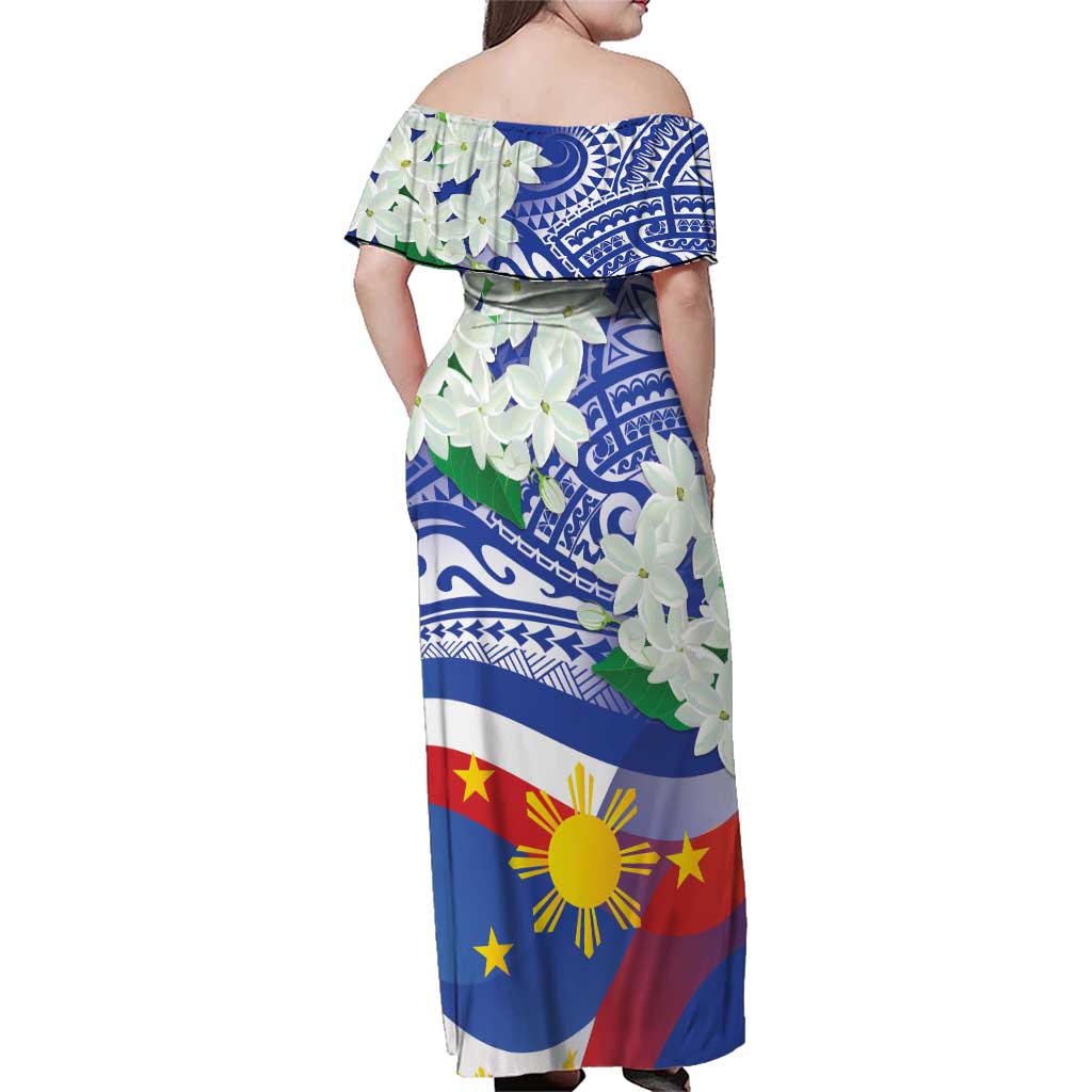 Philippines Flag Family Matching Off Shoulder Maxi Dress and Hawaiian Shirt Sampaguita Jasmine with Polynesian Tribal LT9 - Wonder Print Shop