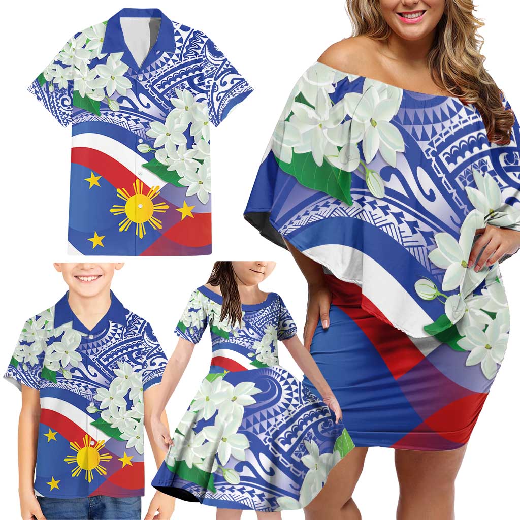 Philippines Flag Family Matching Off Shoulder Short Dress and Hawaiian Shirt Sampaguita Jasmine with Polynesian Tribal LT9 - Wonder Print Shop