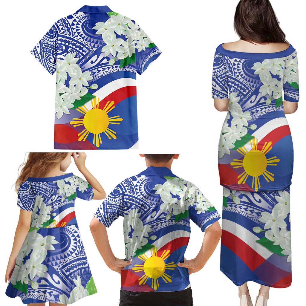 Philippines Flag Family Matching Puletasi and Hawaiian Shirt Sampaguita Jasmine with Polynesian Tribal - Wonder Print Shop