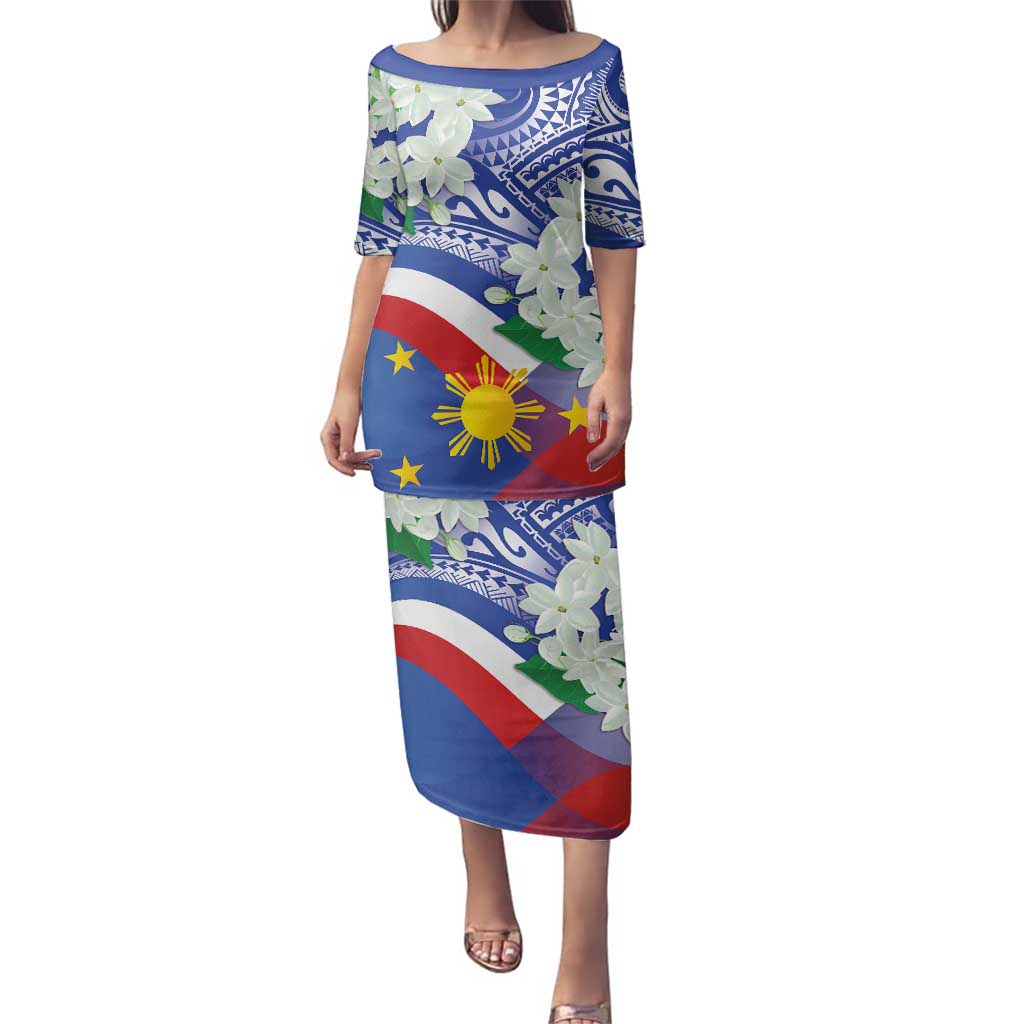 Philippines Flag Family Matching Puletasi and Hawaiian Shirt Sampaguita Jasmine with Polynesian Tribal - Wonder Print Shop