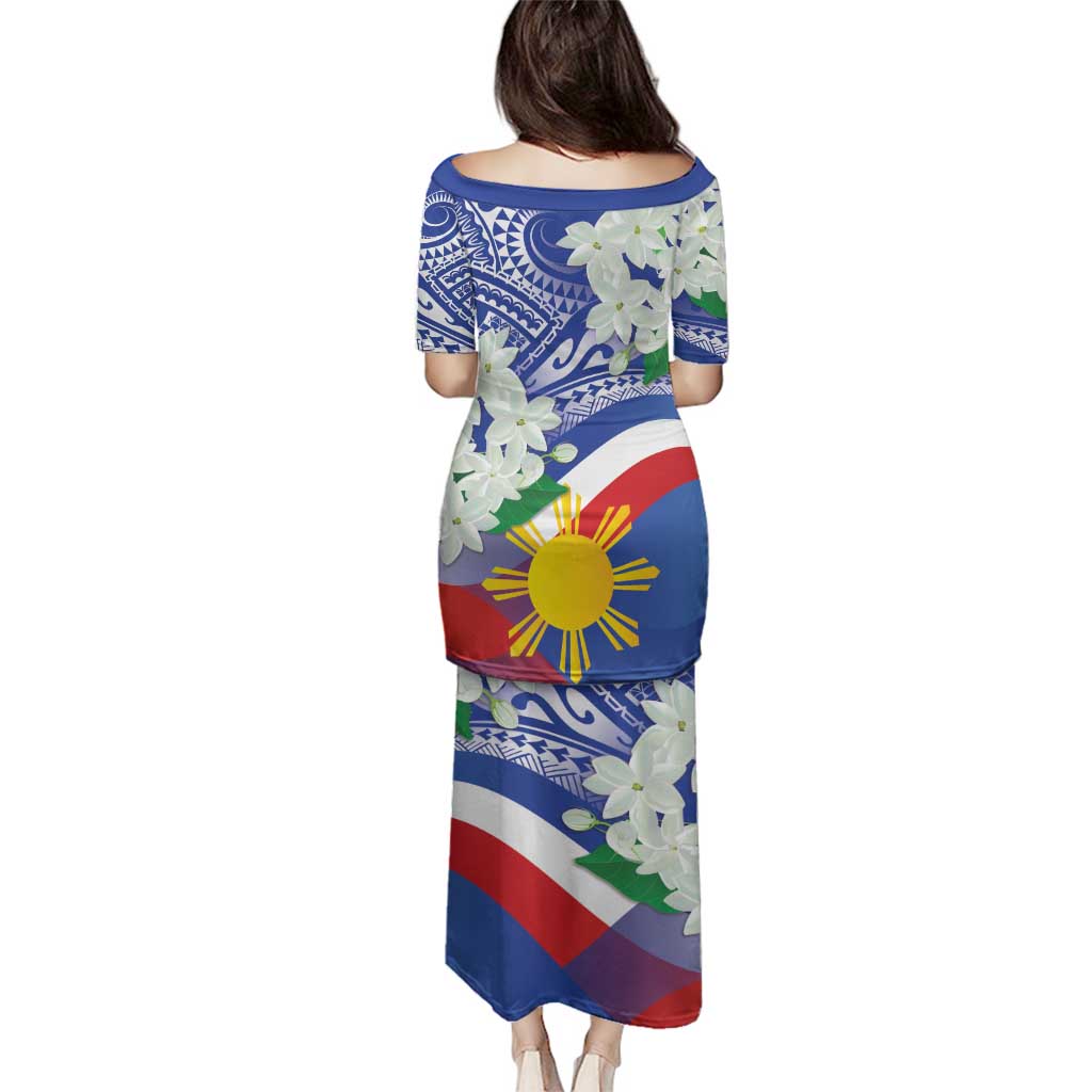 Philippines Flag Family Matching Puletasi and Hawaiian Shirt Sampaguita Jasmine with Polynesian Tribal - Wonder Print Shop