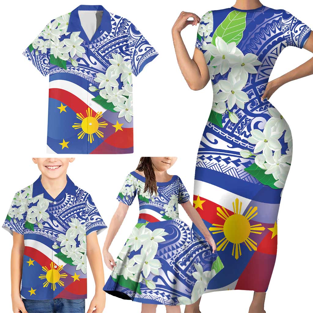 Philippines Flag Family Matching Short Sleeve Bodycon Dress and Hawaiian Shirt Sampaguita Jasmine with Polynesian Tribal - Wonder Print Shop