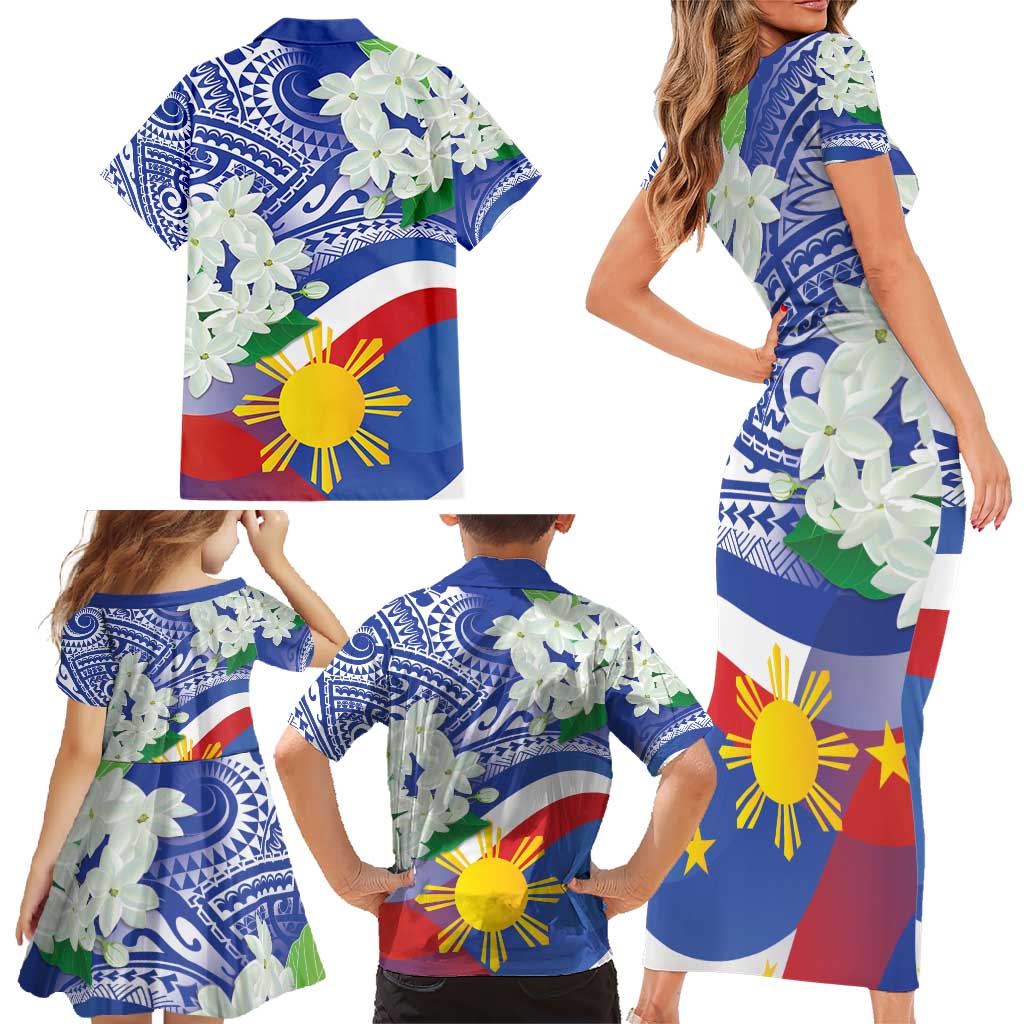 Philippines Flag Family Matching Short Sleeve Bodycon Dress and Hawaiian Shirt Sampaguita Jasmine with Polynesian Tribal - Wonder Print Shop