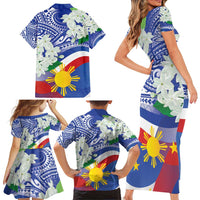 Philippines Flag Family Matching Short Sleeve Bodycon Dress and Hawaiian Shirt Sampaguita Jasmine with Polynesian Tribal - Wonder Print Shop