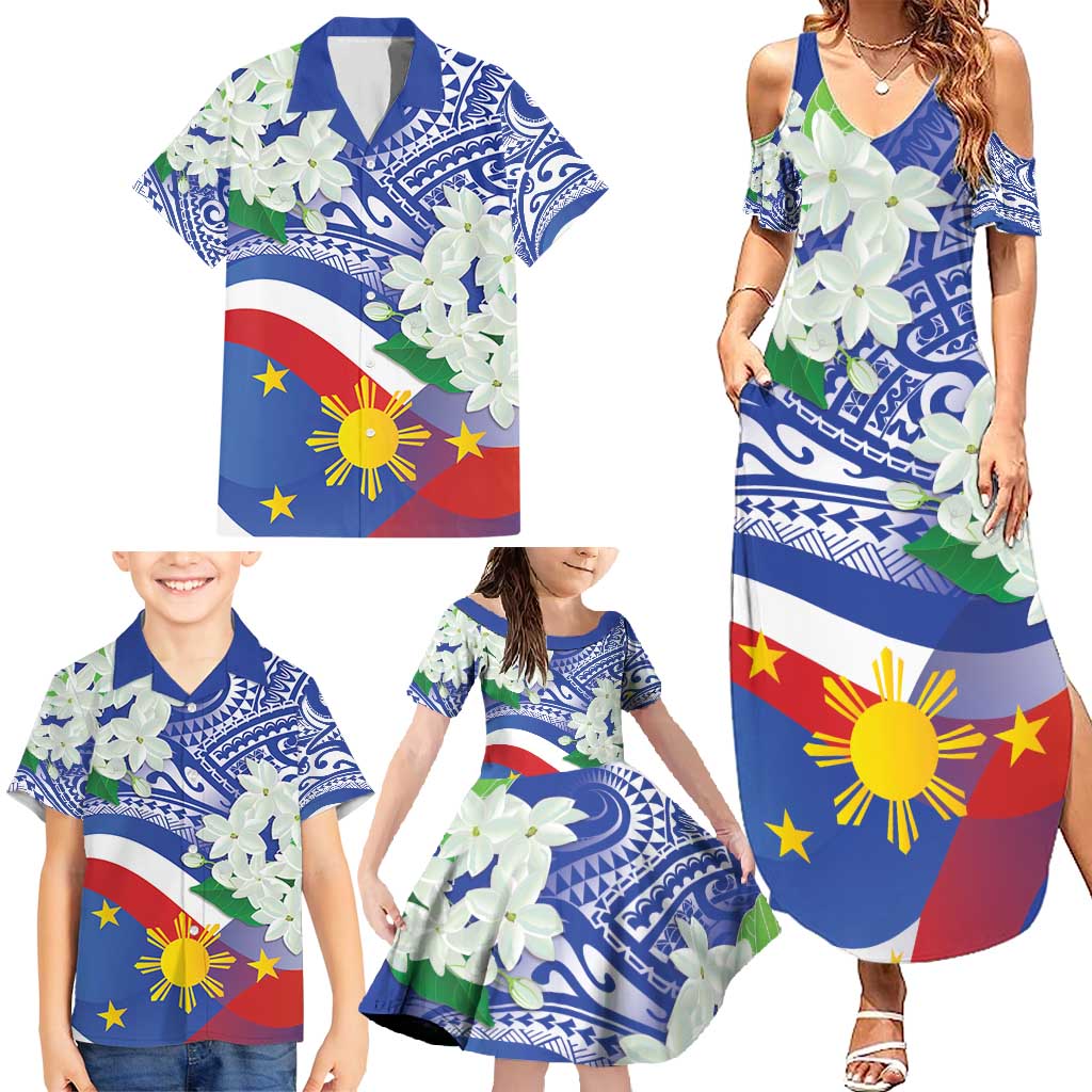 Philippines Flag Family Matching Summer Maxi Dress and Hawaiian Shirt Sampaguita Jasmine with Polynesian Tribal - Wonder Print Shop
