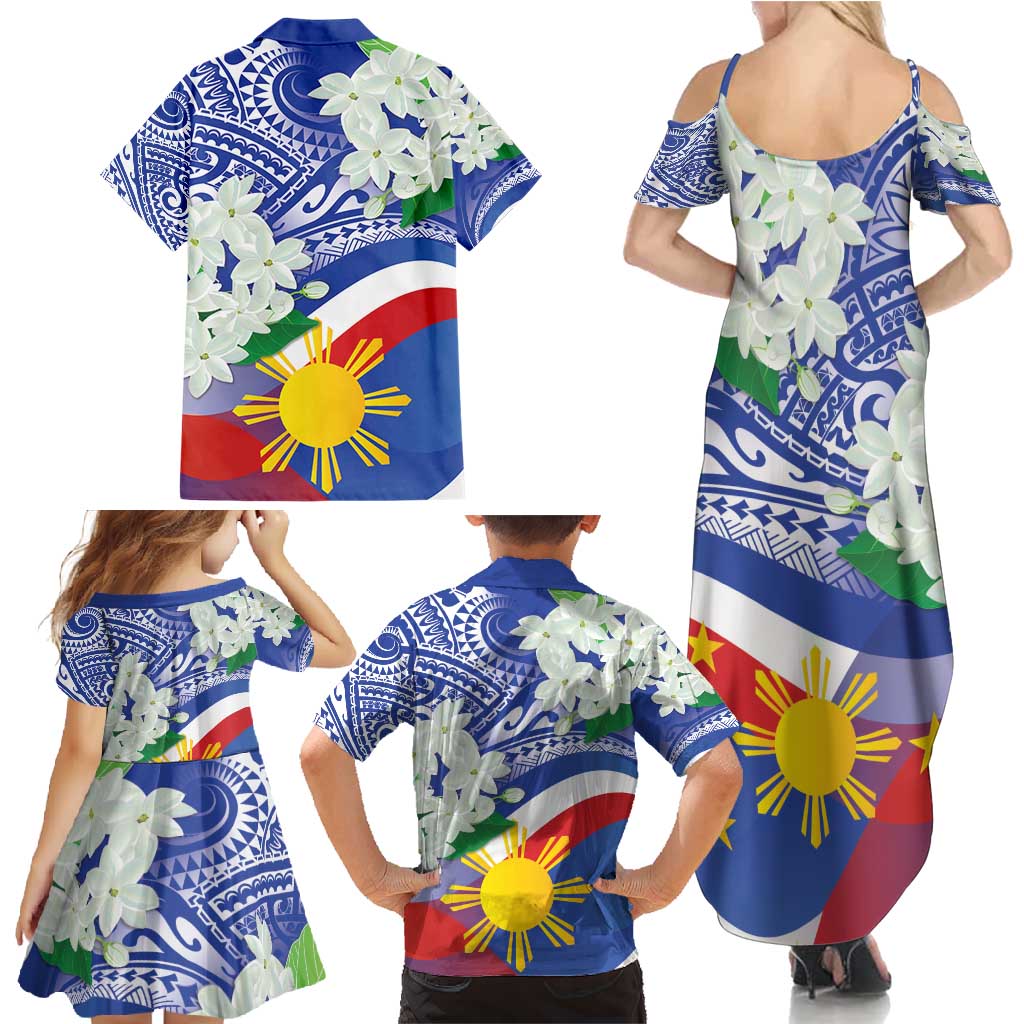 Philippines Flag Family Matching Summer Maxi Dress and Hawaiian Shirt Sampaguita Jasmine with Polynesian Tribal - Wonder Print Shop