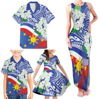 Philippines Flag Family Matching Tank Maxi Dress and Hawaiian Shirt Sampaguita Jasmine with Polynesian Tribal - Wonder Print Shop