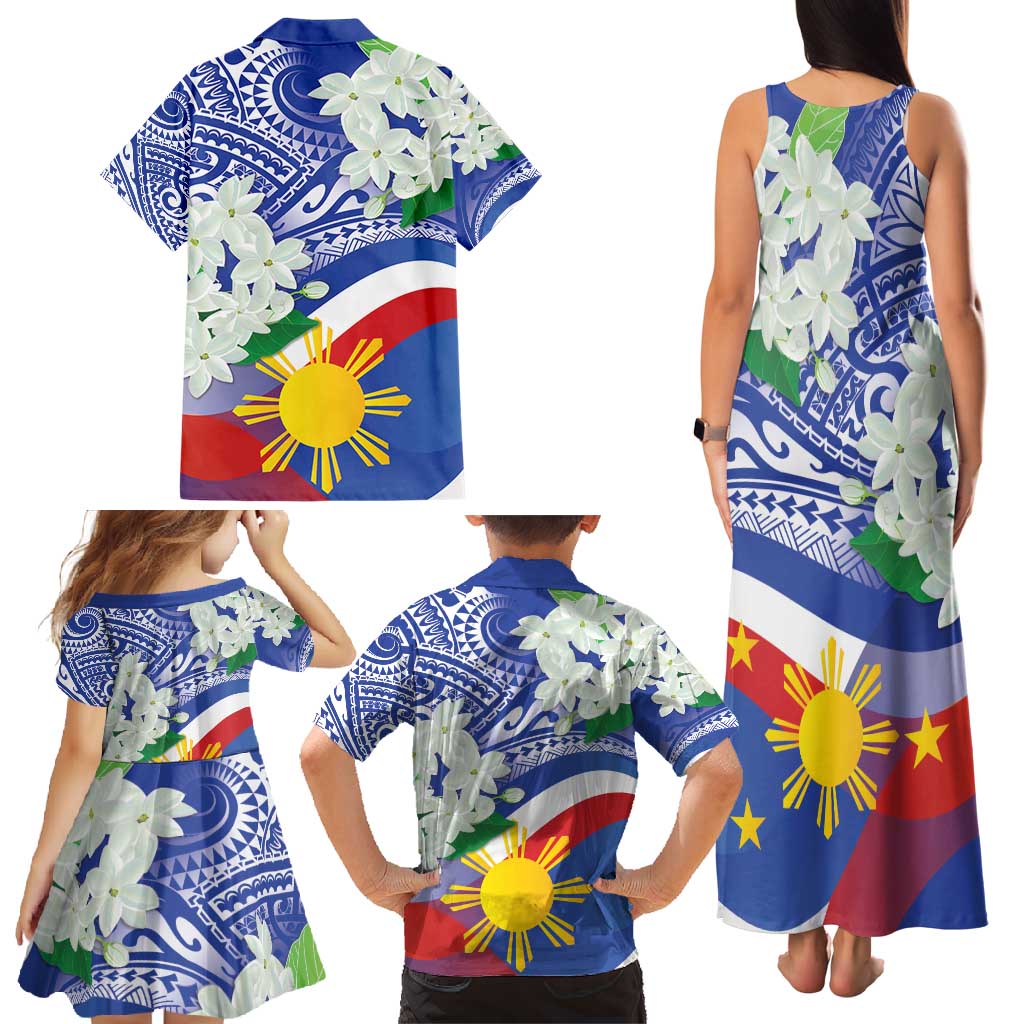 Philippines Flag Family Matching Tank Maxi Dress and Hawaiian Shirt Sampaguita Jasmine with Polynesian Tribal - Wonder Print Shop