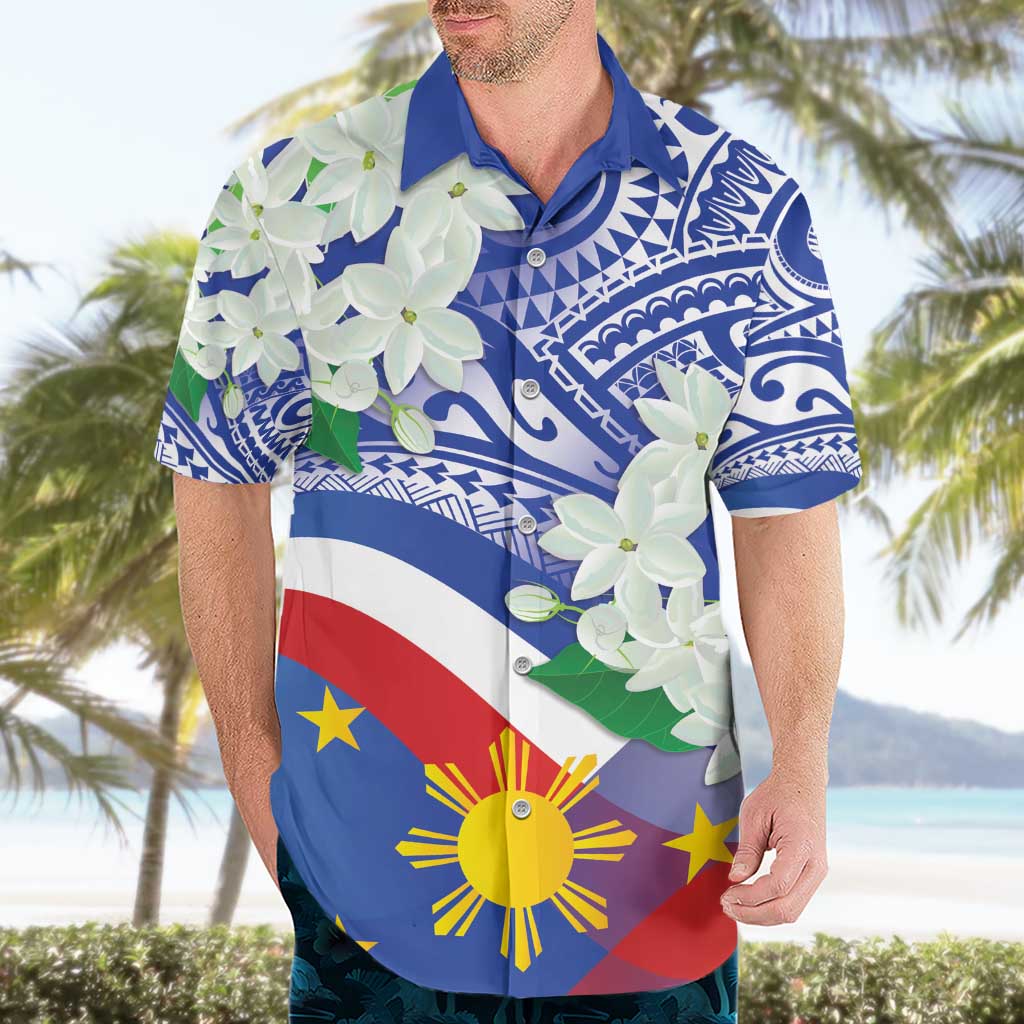 Philippines Flag Hawaiian Shirt Sampaguita Jasmine with Polynesian Tribal - Wonder Print Shop