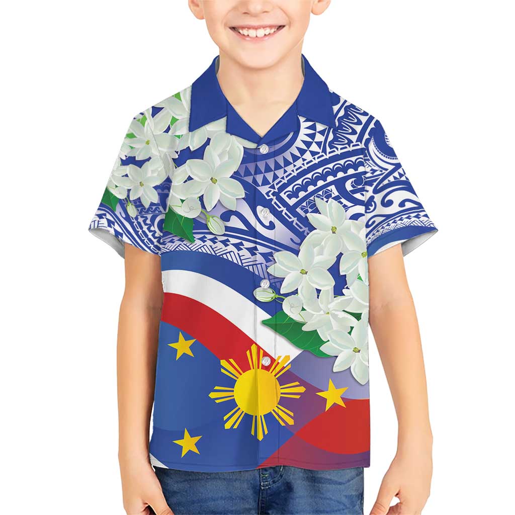Philippines Flag Kid Hawaiian Shirt Sampaguita Jasmine with Polynesian Tribal - Wonder Print Shop