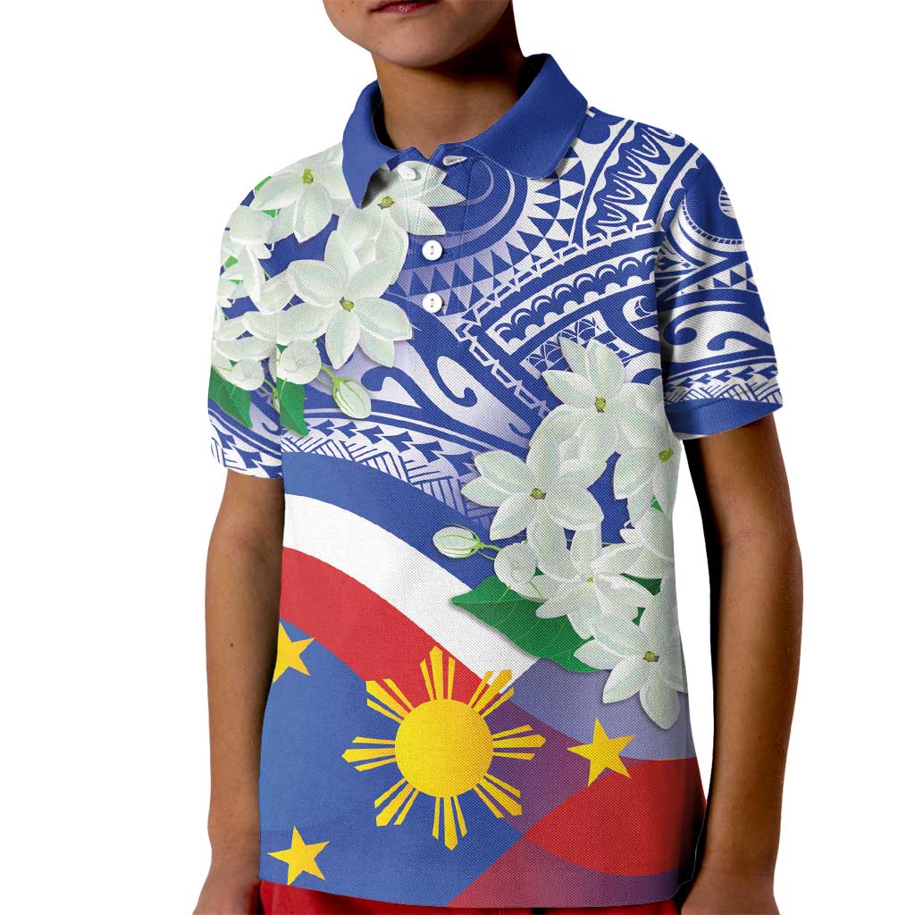 Philippines Flag Kid Polo Shirt Sampaguita Jasmine with Polynesian Tribal - Wonder Print Shop