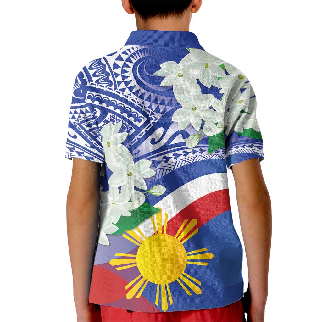 Philippines Flag Kid Polo Shirt Sampaguita Jasmine with Polynesian Tribal - Wonder Print Shop