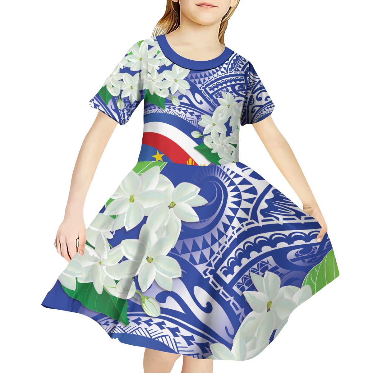 Philippines Flag Kid Short Sleeve Dress Sampaguita Jasmine with Polynesian Tribal - Wonder Print Shop