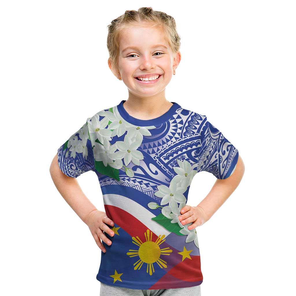 Philippines Flag Kid T Shirt Sampaguita Jasmine with Polynesian Tribal - Wonder Print Shop