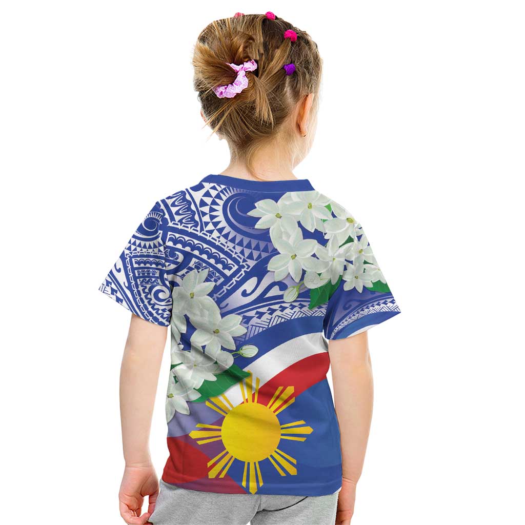 Philippines Flag Kid T Shirt Sampaguita Jasmine with Polynesian Tribal - Wonder Print Shop