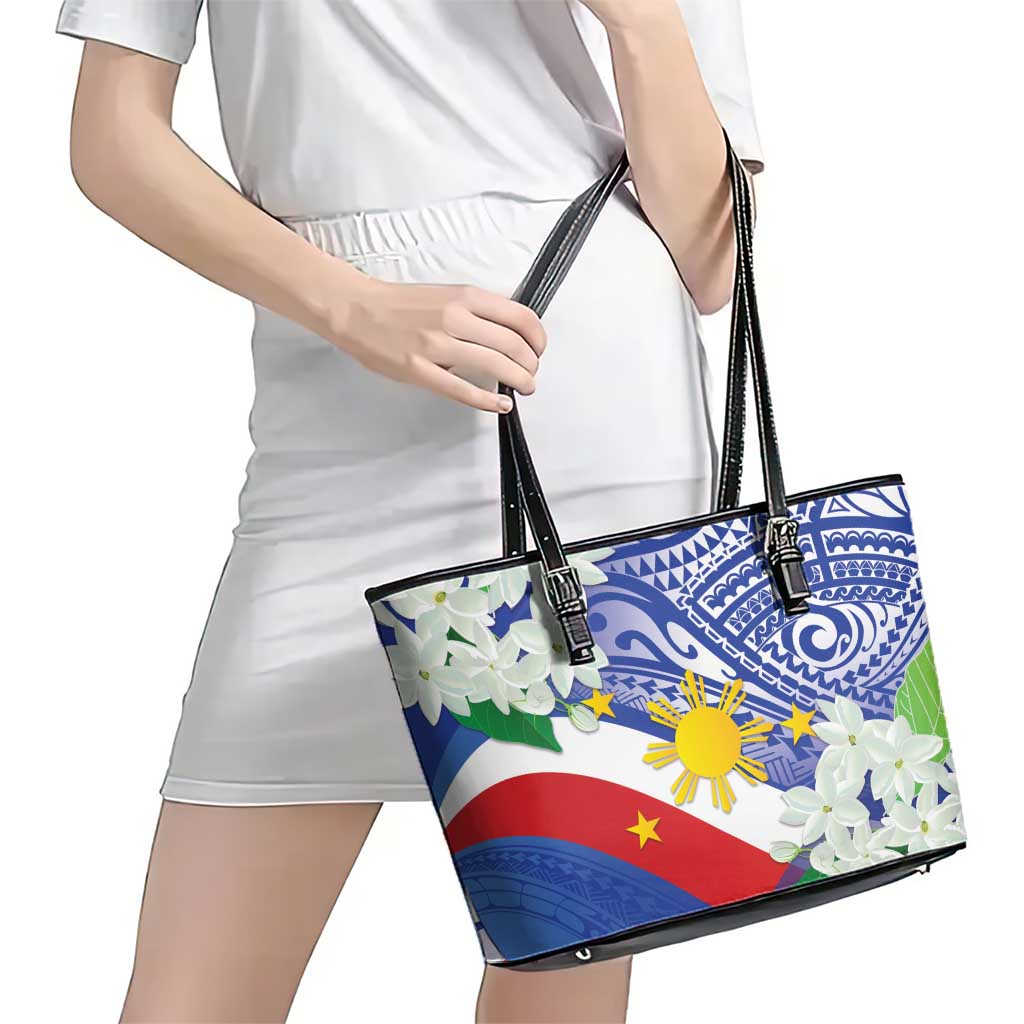 Philippines Flag Leather Tote Bag Sampaguita Jasmine with Polynesian Tribal - Wonder Print Shop