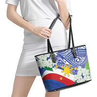 Philippines Flag Leather Tote Bag Sampaguita Jasmine with Polynesian Tribal - Wonder Print Shop