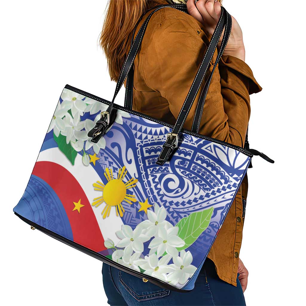 Philippines Flag Leather Tote Bag Sampaguita Jasmine with Polynesian Tribal - Wonder Print Shop