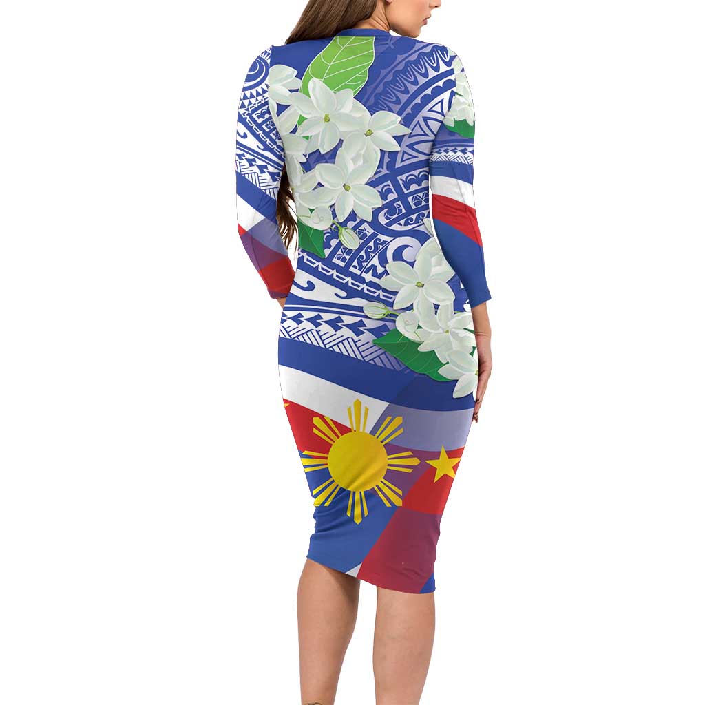 Philippines Flag Long Sleeve Bodycon Dress Sampaguita Jasmine with Polynesian Tribal - Wonder Print Shop