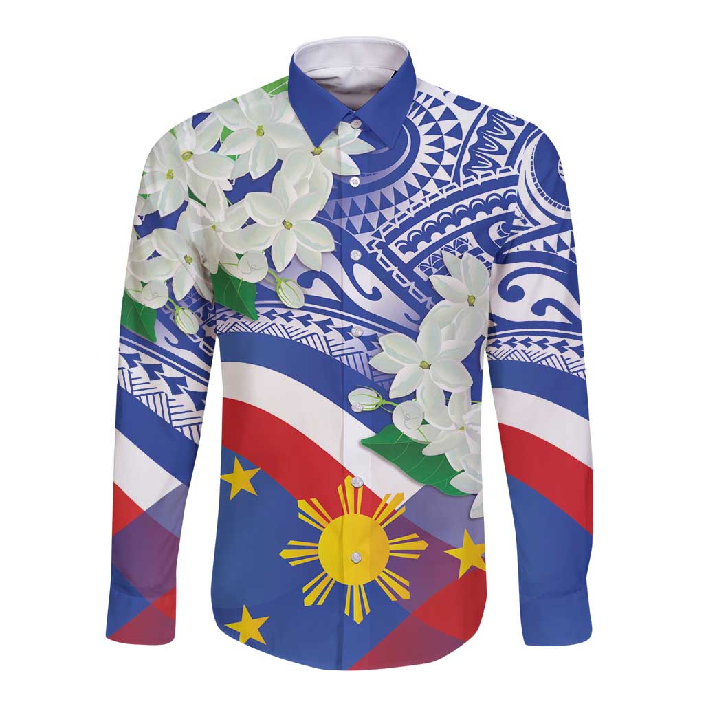 Philippines Flag Long Sleeve Button Shirt Sampaguita Jasmine with Polynesian Tribal - Wonder Print Shop