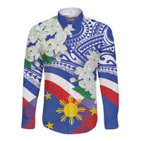 Philippines Flag Long Sleeve Button Shirt Sampaguita Jasmine with Polynesian Tribal - Wonder Print Shop