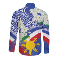 Philippines Flag Long Sleeve Button Shirt Sampaguita Jasmine with Polynesian Tribal - Wonder Print Shop