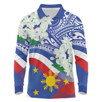 Philippines Flag Long Sleeve Polo Shirt Sampaguita Jasmine with Polynesian Tribal - Wonder Print Shop