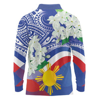 Philippines Flag Long Sleeve Polo Shirt Sampaguita Jasmine with Polynesian Tribal - Wonder Print Shop