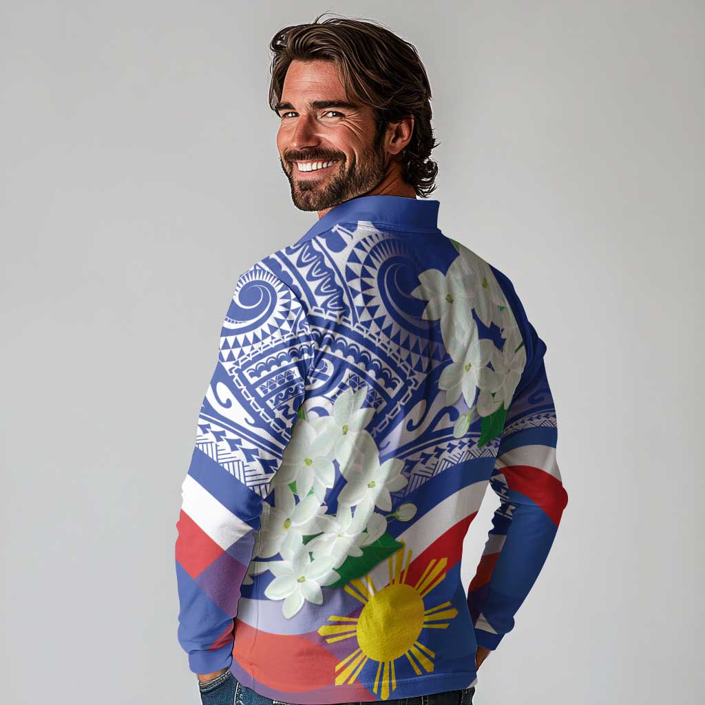 Philippines Flag Long Sleeve Polo Shirt Sampaguita Jasmine with Polynesian Tribal - Wonder Print Shop