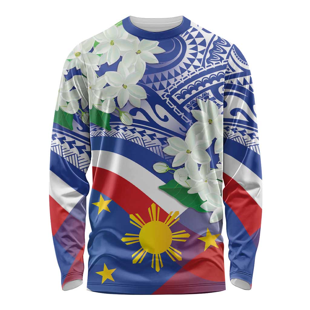 Philippines Flag Long Sleeve Shirt Sampaguita Jasmine with Polynesian Tribal - Wonder Print Shop