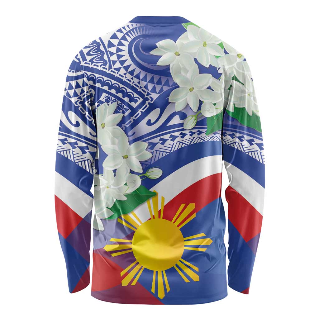 Philippines Flag Long Sleeve Shirt Sampaguita Jasmine with Polynesian Tribal - Wonder Print Shop