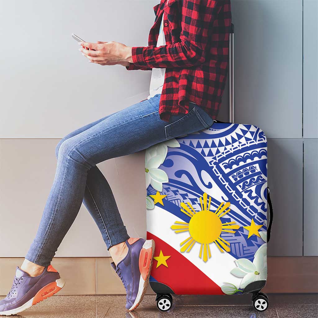 Philippines Flag Luggage Cover Sampaguita Jasmine with Polynesian Tribal - Wonder Print Shop