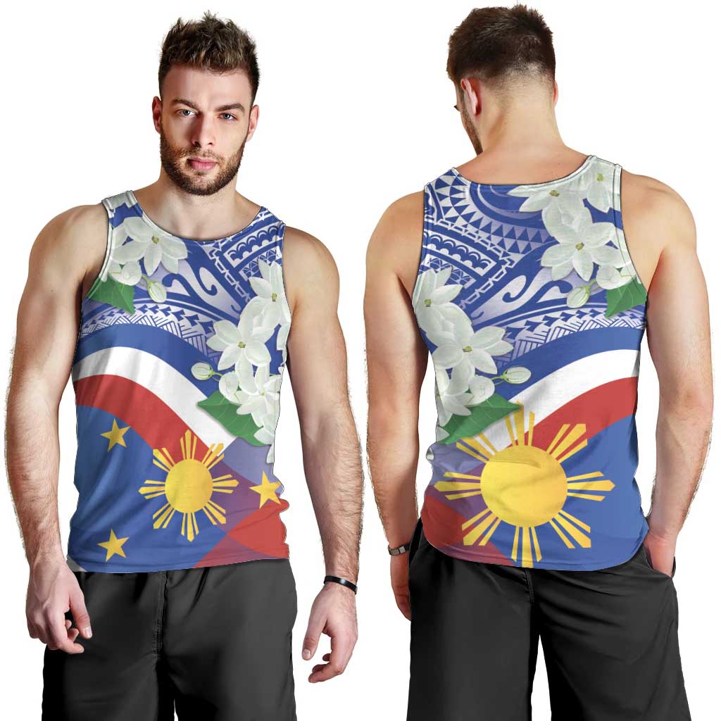 Philippines Flag Men Tank Top Sampaguita Jasmine with Polynesian Tribal - Wonder Print Shop