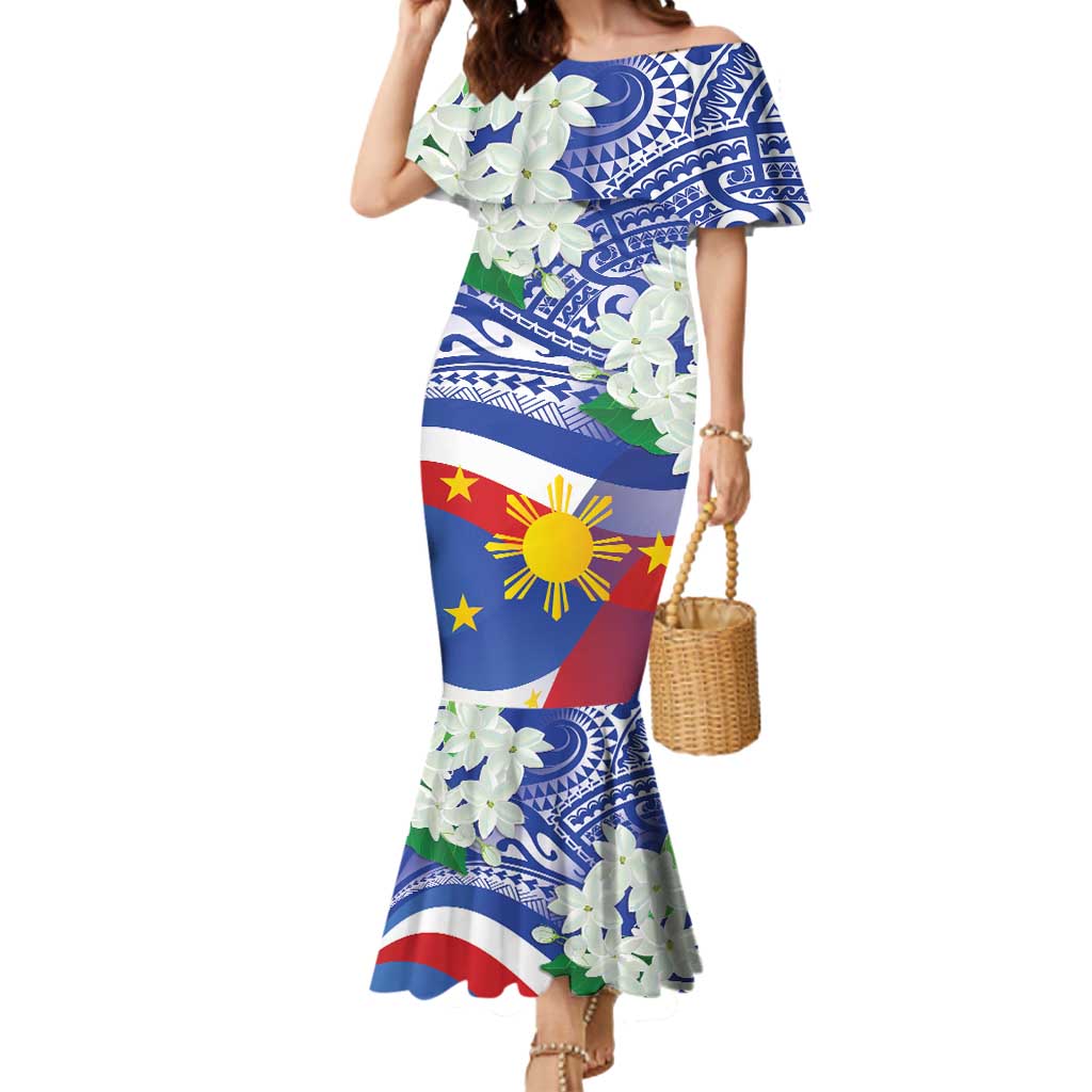 Philippines Flag Mermaid Dress Sampaguita Jasmine with Polynesian Tribal - Wonder Print Shop