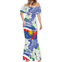 Philippines Flag Mermaid Dress Sampaguita Jasmine with Polynesian Tribal - Wonder Print Shop