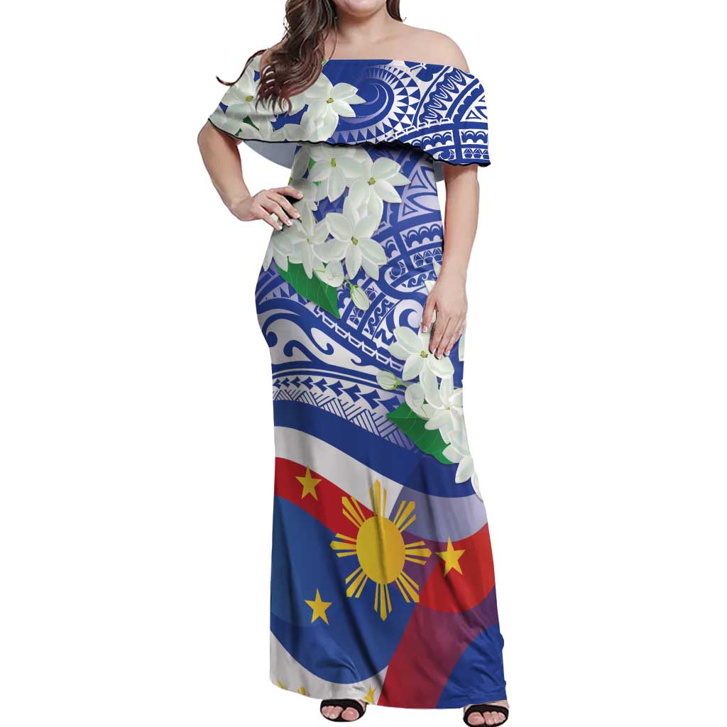 Philippines Flag Off Shoulder Maxi Dress Sampaguita Jasmine with Polynesian Tribal - Wonder Print Shop