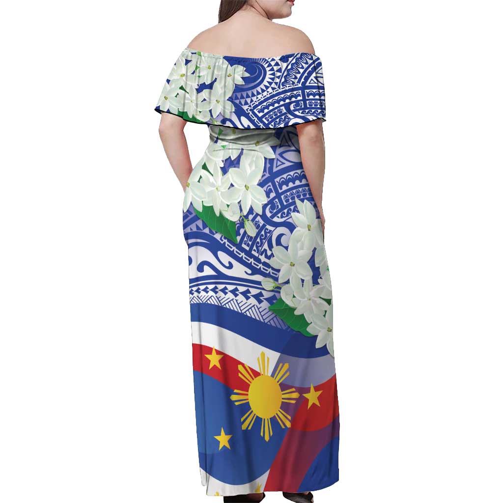 Philippines Flag Off Shoulder Maxi Dress Sampaguita Jasmine with Polynesian Tribal - Wonder Print Shop