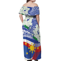 Philippines Flag Off Shoulder Maxi Dress Sampaguita Jasmine with Polynesian Tribal - Wonder Print Shop
