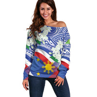 Philippines Flag Off Shoulder Sweater Sampaguita Jasmine with Polynesian Tribal - Wonder Print Shop