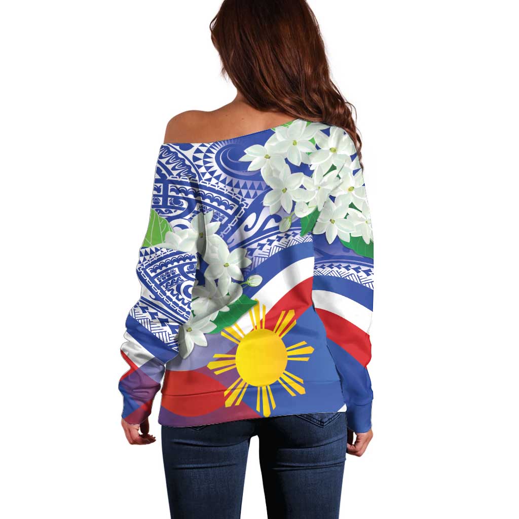 Philippines Flag Off Shoulder Sweater Sampaguita Jasmine with Polynesian Tribal - Wonder Print Shop