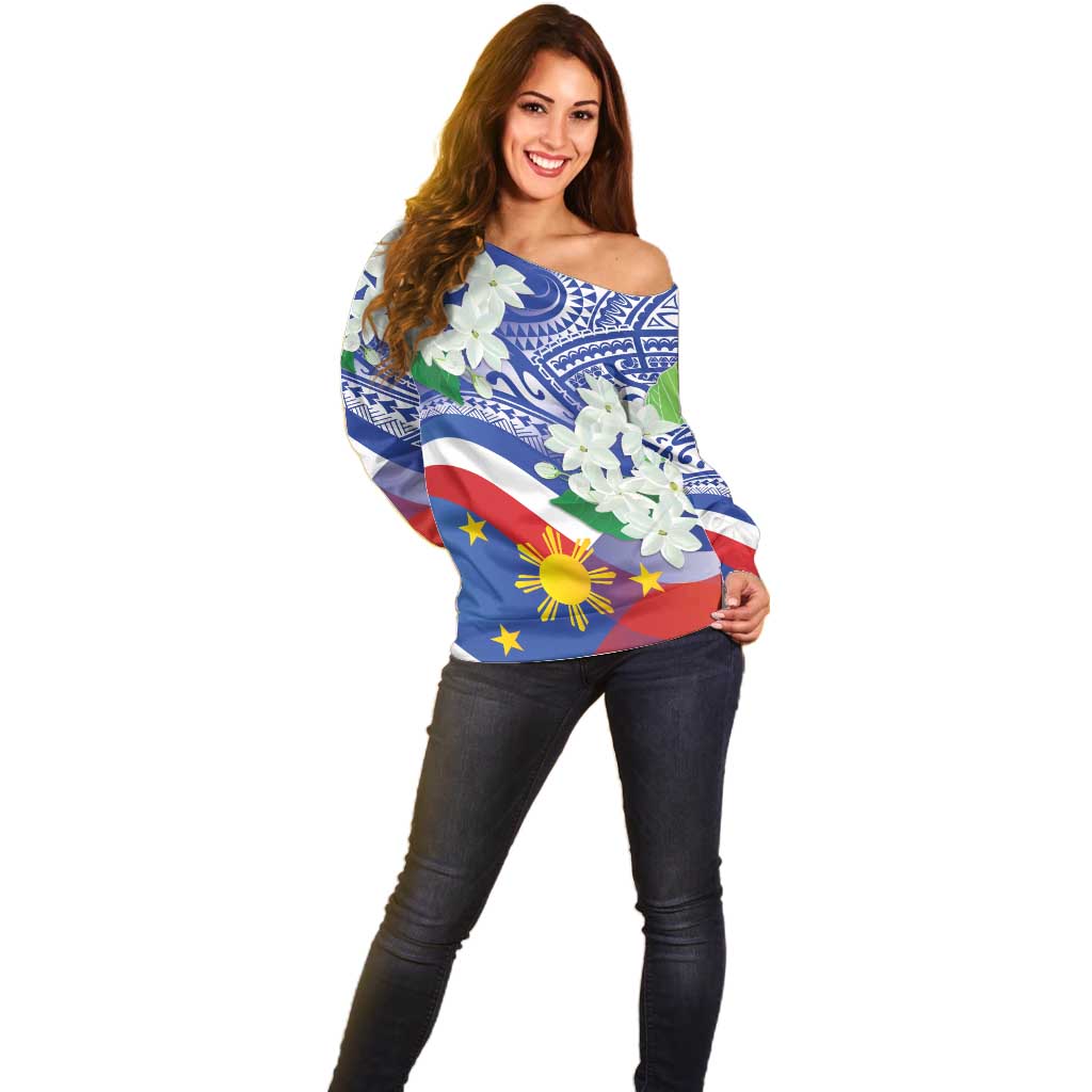 Philippines Flag Off Shoulder Sweater Sampaguita Jasmine with Polynesian Tribal - Wonder Print Shop