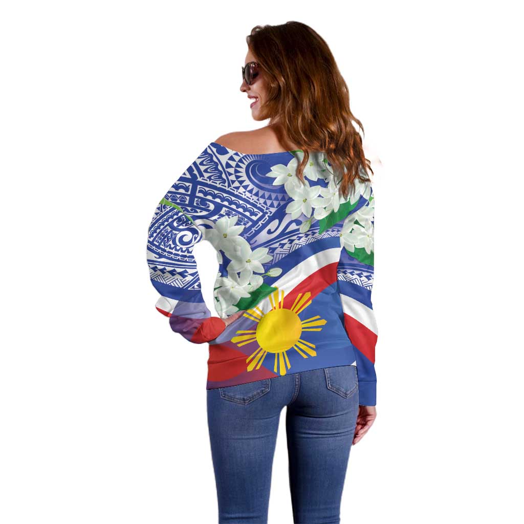 Philippines Flag Off Shoulder Sweater Sampaguita Jasmine with Polynesian Tribal - Wonder Print Shop