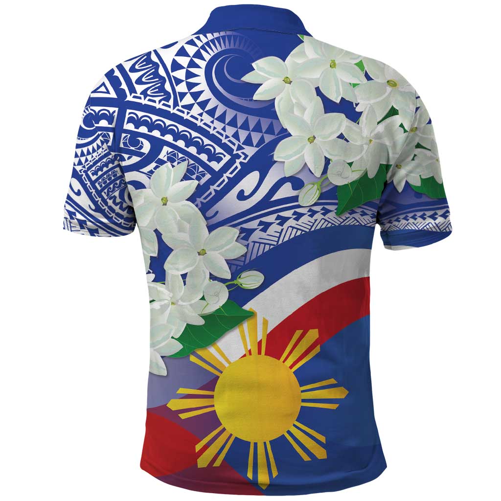 Philippines Flag Polo Shirt Sampaguita Jasmine with Polynesian Tribal - Wonder Print Shop