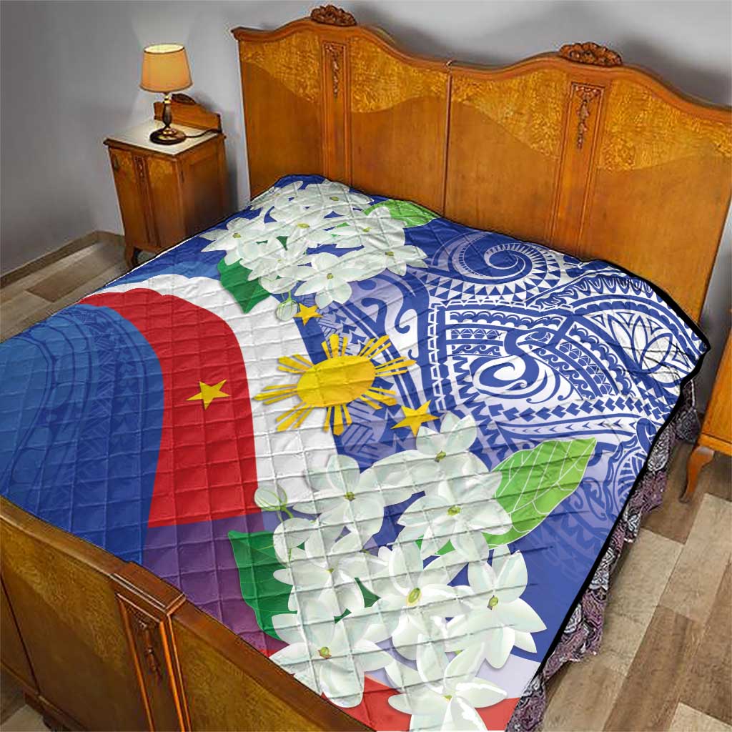 Philippines Flag Quilt Sampaguita Jasmine with Polynesian Tribal - Wonder Print Shop